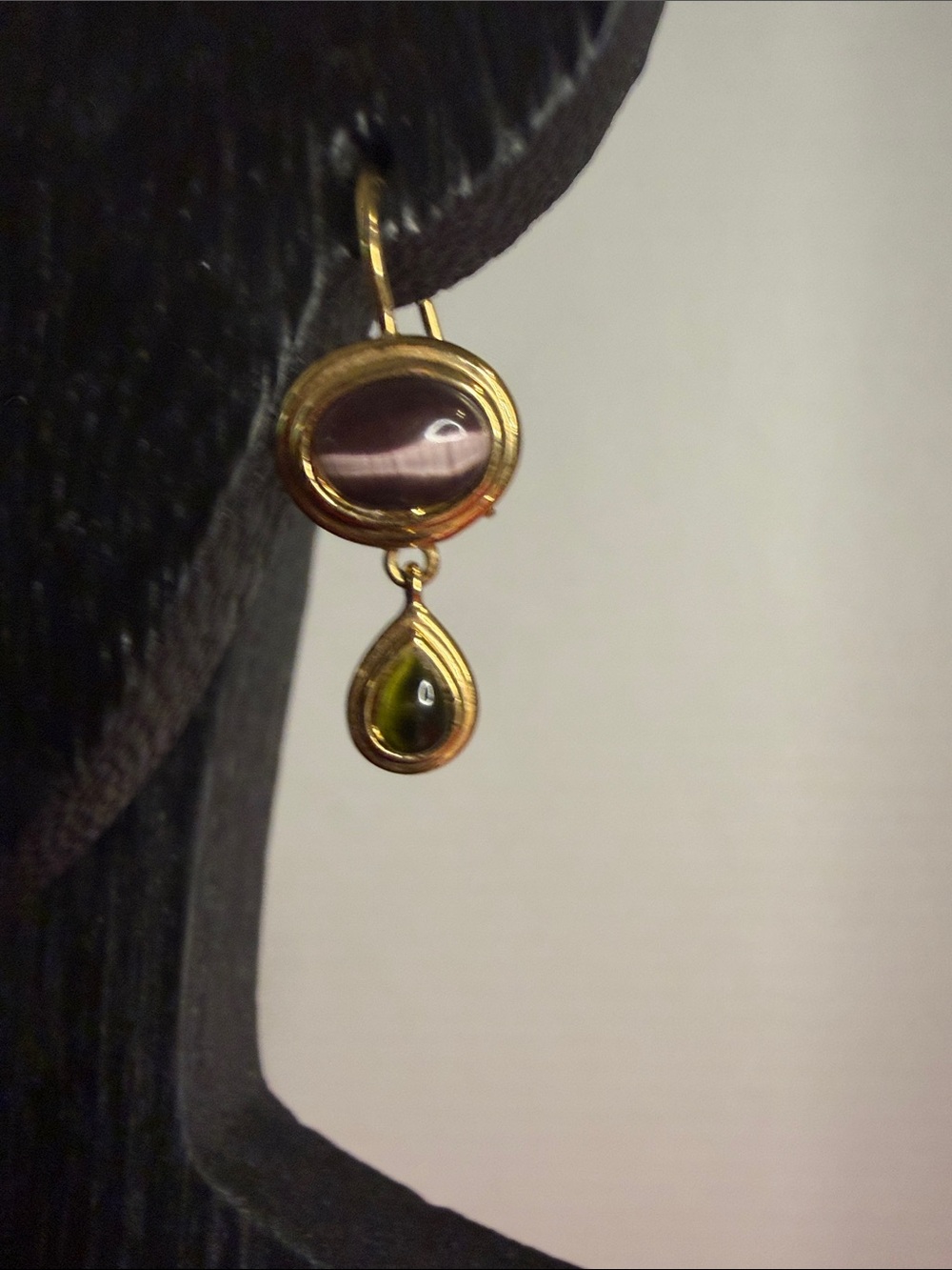 MONET Earrings- Purple & Olive Tiger Eye w/Gold Trim